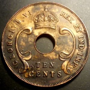 1941 Stunning Patina Ten 10 Cents Vintage East Africa coin King George Coin the V bronze composition Old World War II Piece