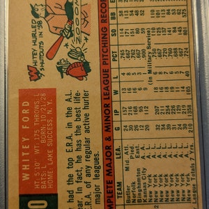 May include: A baseball card featuring a portrait of baseball player Whitey Ford, with his name and statistics printed on the card. The card is from the 1958 Topps series.