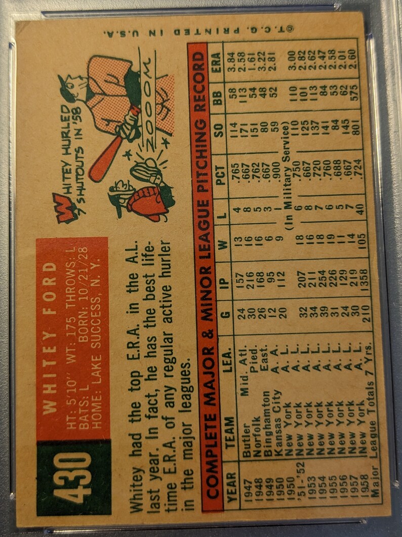May include: A baseball card featuring a portrait of baseball player Whitey Ford, with his name and statistics printed on the card. The card is from the 1958 Topps series.