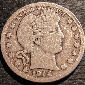 Vintage 1914-D Solid grade Barber liberty quarter silver original antique  piece authentic U.S. Coin 1.00 Ship