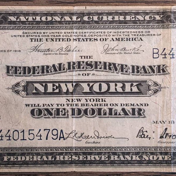 Circulated 1914 New York National Currency Large Note One Dollar Bill Blue Seal U.S. bill banknote currency 1.00 Ship