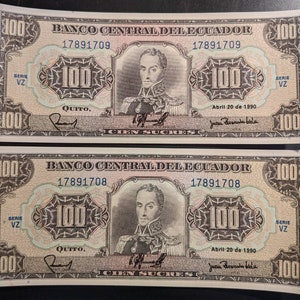 Pair of Consecutive 1990 Vintage Crisp Uncirculated Banco Central Del Ecuador 100 Cien Sucres Native South America Banknotes Currency