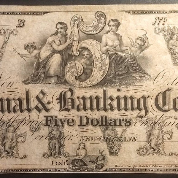 Higher Grade Rare 1800s Ben Franklin Canal Banking Five Dollar Large Note U.S. bill banknote currency 1.00 Ship