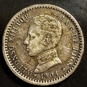 1904 Spain Solid Grade Fifty Cents Silver Alfonso XII Spanish España Spanien World Coin Antique Vintage Authentic Great 1.00 Shipping