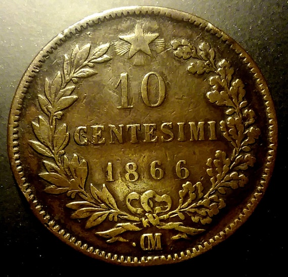 1866 Italy Ten 10 Centesimi Vintage Vittorio Emanuele II Copper