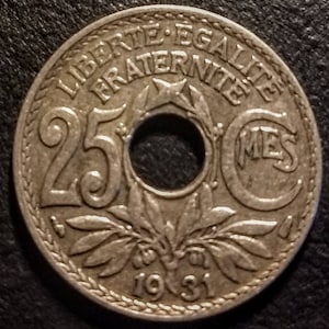 Vintage 1931 Solid Grade France 25 Twenty Five Centimes World Coin Republique Franncaise Coin Old French Piece 1.00 Shipping