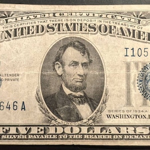 1934A Vintage Nicer Grade Lightly Circulated Silver Certificate Five Dollar Bill Blue seal  banknote