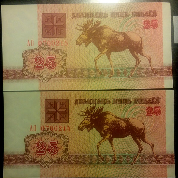 Vintage 1992 Uncirculated Pair of Consecutive Belarus 25 Roubles Deer Elk Moose Note Banknote Currency 1.00 Shipping