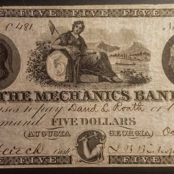 Augusta Georgia 1800's Five Dollar Mechanic's Bank Obsolete Large Note Civil War Era  U.S. bill banknote currency 1.00 Shipping