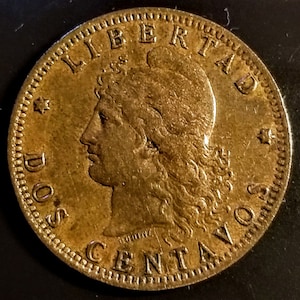 1890 Republica Argentina Libertad Dos Centavos Vintage South American Copper World Coin Old 1.00 Shipping