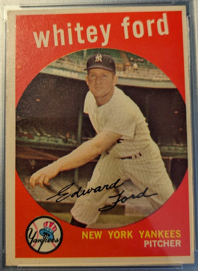 May include: A vintage baseball card featuring a photo of Whitey Ford, a pitcher for the New York Yankees. The card is red and white with the team logo and the player's name and position.