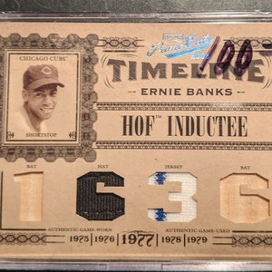 Ernie Banks Timeline Hat Jersey Bat Card Oryginalna gra Używane relikwie Limitowana do /50 Chicago Cubs Dobra jakość Super oryginalna karta baseballowa