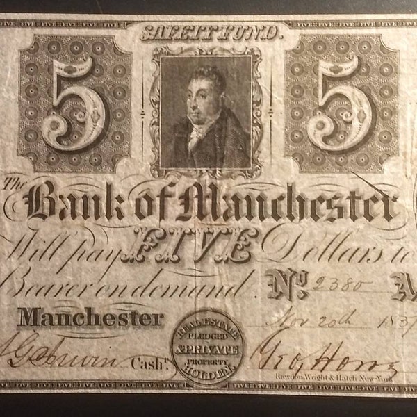 Higher Grade 1800s Bank of Manchester Five Dollar Large Obsolete Note U.S. bill banknote currency 1.00 Ship