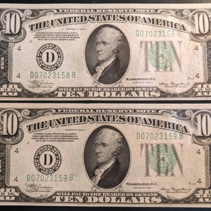Vintage 1934 Ein Paar konsekutiv unrunde Grade Federal Reserve Green Seal Zehn Dollar Geldscheine