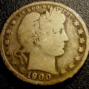 Vintage Solid Grade 1900 Barber Quarter Silver Coin Nice Original Piece authentic Antique U.S.  1.00 Shipping