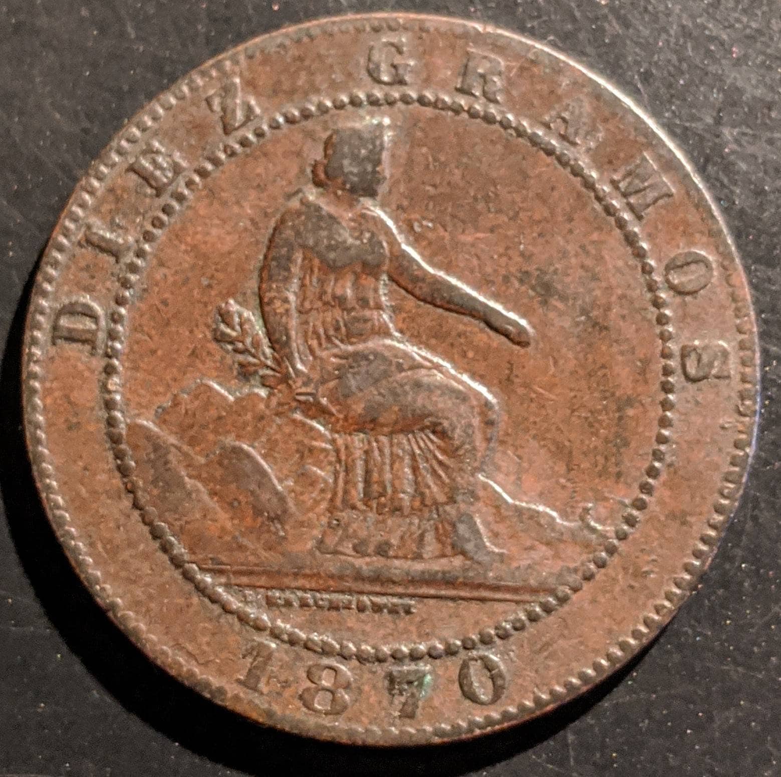 1870 Spain Solid Grade 10 Diez Centavos Spanish España Spanien