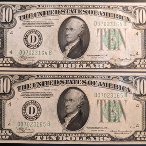 Vintage 1934 Ein Paar konsekutiv unrunde Grade Federal Reserve Green Seal Zehn Dollar Geldscheine