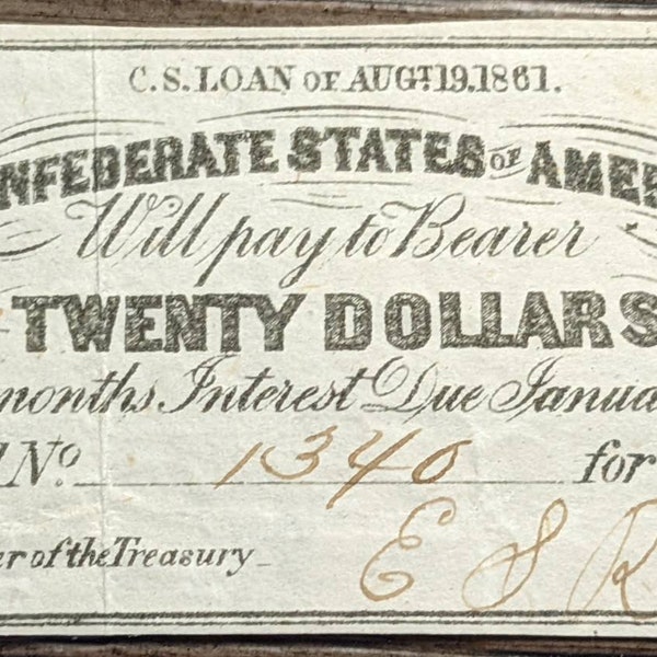 Small 1864 Twenty Dollar Confederate States Fractional Bond Note Coupon Civil War Era  U.S. bill banknote currency 1.00 Shipping