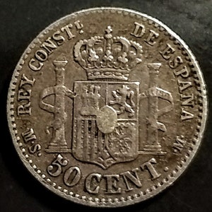 Alphonse XII espagnol España Espagne monde de pièce de monnaie Antique Vintage authentique 1,00 frais d’expédition en argent 1885 Espagne Grade solide cinquante Cents