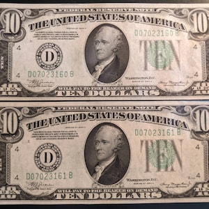 Vintage 1934 Ein Paar konsekutiv unrunde Grade Federal Reserve Green Seal Zehn Dollar Geldscheine