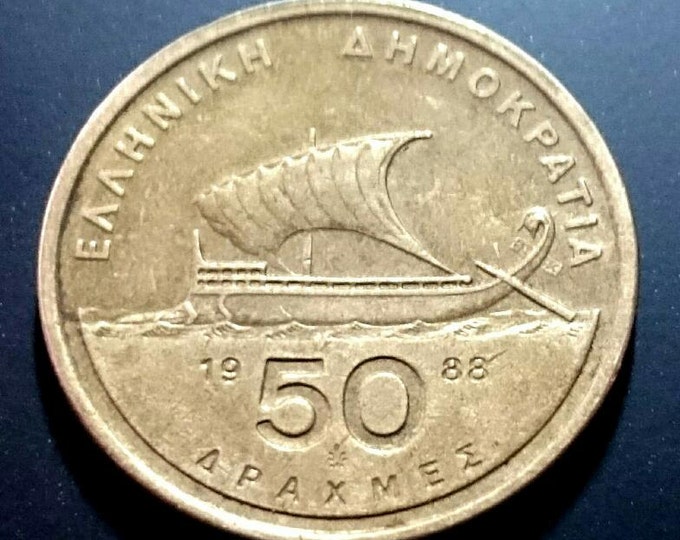 Antique Vintage 1988 Greek Ship Coin Fifty 50 Apaxmai Coin From Greece