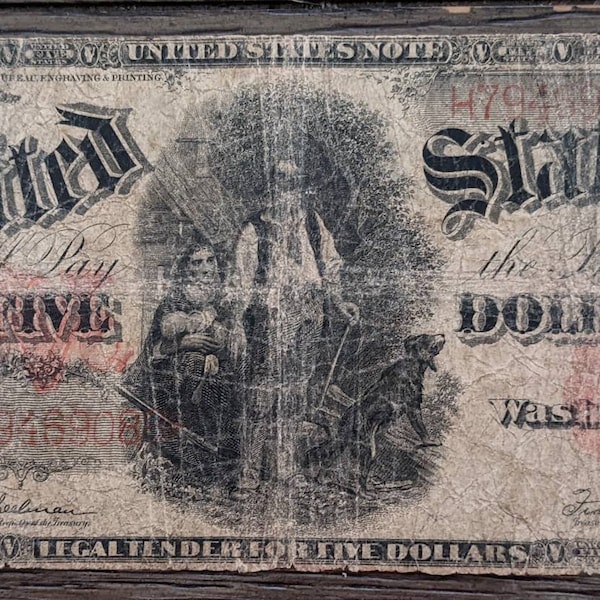 Circulated 1907 Woodchopper Five Dollar Large Note One Dollar Bill Red Seal U.S. bill banknote currency 1.00 Ship