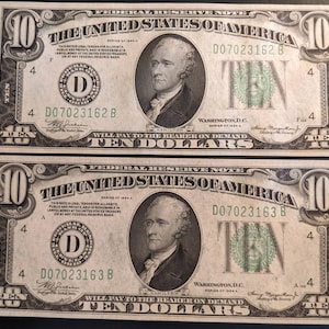 Vintage 1934 Ein Paar konsekutiv unrunde Grade Federal Reserve Green Seal Zehn Dollar Geldscheine