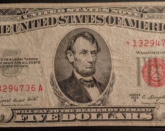 Vintage 1953 B Five Dollar Bill Red Seal Circulated Star Note ...