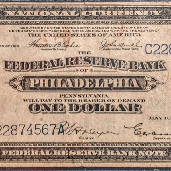 Circulated 1918 Philadelphia National Currency Large Note One Dollar Bill Blue Seal U.S. bill banknote currency 1.00 Ship