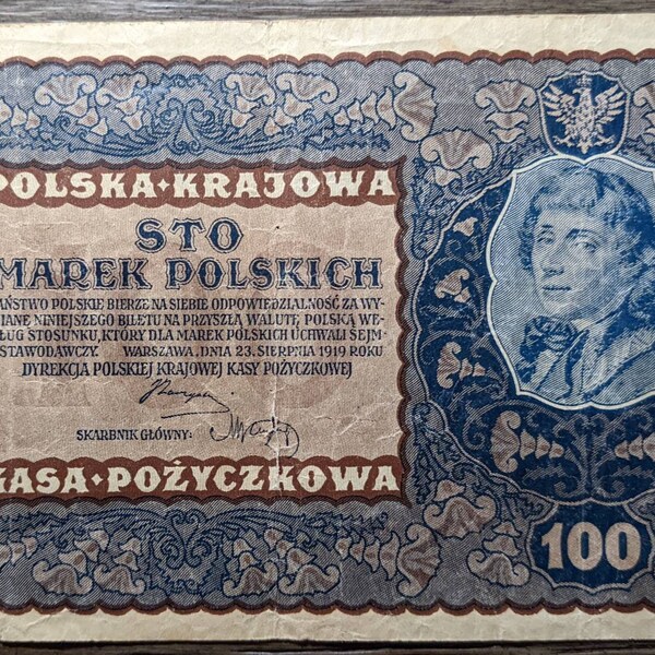 Authentic 1919 Poland 100 Marek Polskich  Queen Jadwiga Large Banknote Very Cool Antique  Banknote Currency