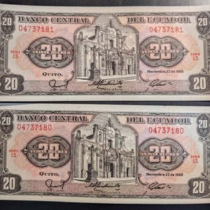 Pair of Consecutive 1988 Vintage Crisp Uncirculated Banco Central Del Ecuador 20 Veinte Sucres Native South America Banknotes Currency