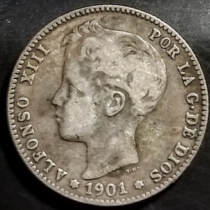 1901 Spain Solid Grade Una Peseta Silver Alfonso XIII Spanish España Spanien World Coin Antique Vintage Authentic Great 1.00 Shipping