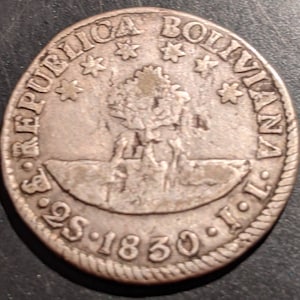 Knapp 1830 Bolivien 2 zwei Sohlen Silber alte Welt Münze Republica Boliviana Antik