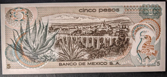 Vintage 1972 Antique Uncirculated Aztec El Banco De Mexico Cinco 5