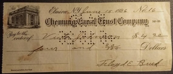Vintage 1926 Chemical Bank Check with historical Currency banknote