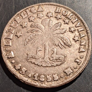 Knapp 1855 Bolivien 4 vier Sohlen Silber alte Welt Münze Republica Boliviana Antik
