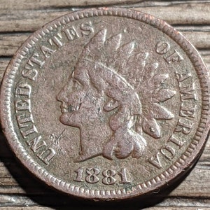 Vintage 1881 Solid Grade Indian Head Cent Authentic U.S. Coin Antique Penny 1.00 Shipping