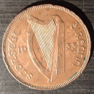 Antique Vintage Circulated grade 1933 IRELAND 1/2 Half Penny Cent Harp Sow W/ piglets Irish coin great looking old piece 1.00 Shipping