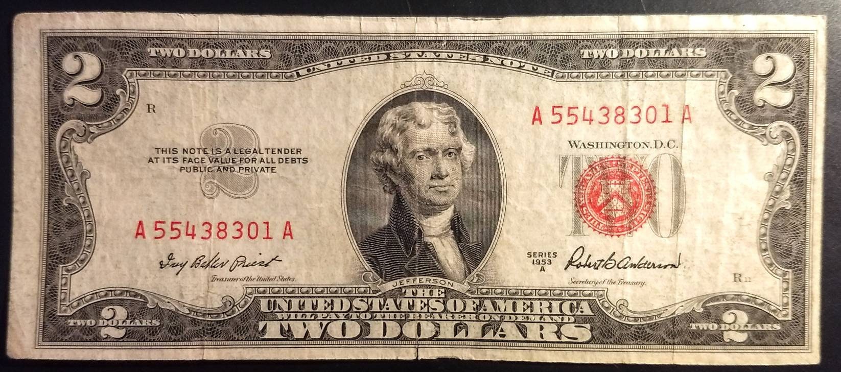 Vintage 1953A Decent Grade Two Dollar Bill Red seal note Etsy