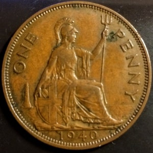 1940 Great Britain King George Higher Grade Penny British UK King of England bronze copper cent Antique Old 1.00 Ship