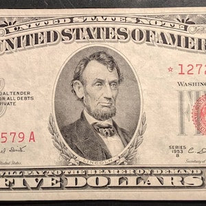 1953B Estrela * Nota Vintage Nicer Grade Nota de cinco dólares selo vermelho Nota de banco dos Estados Unidos moeda 1,00 Navio