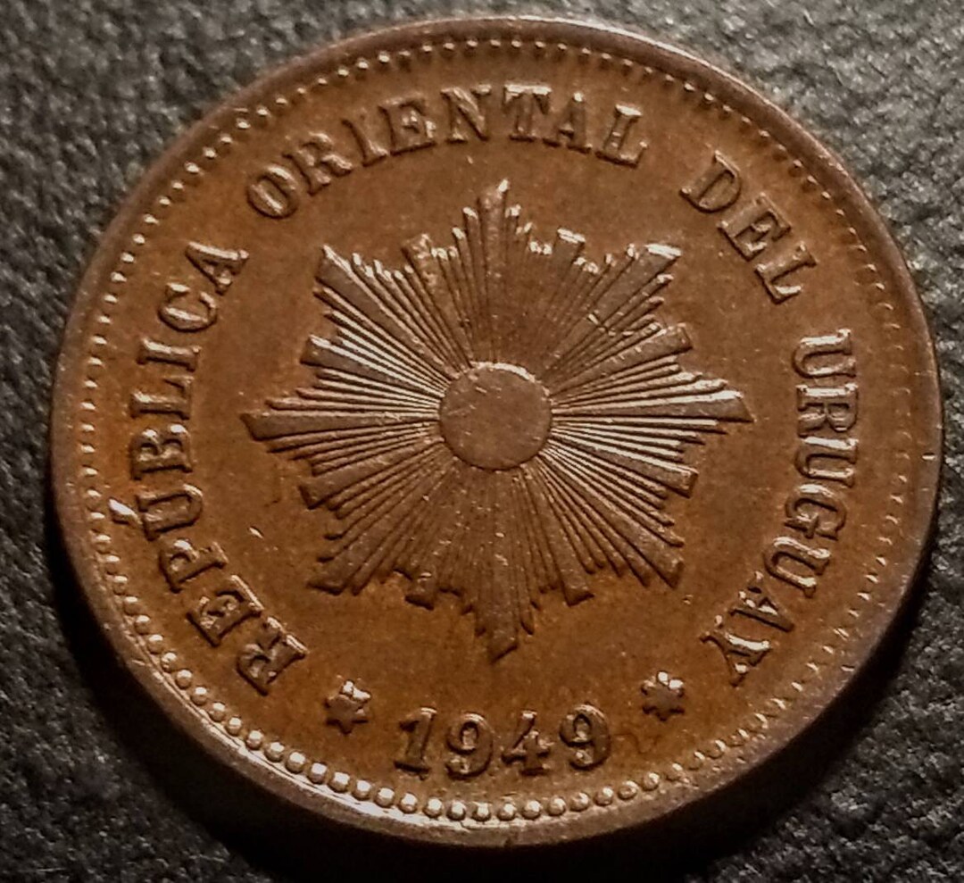 Solid Grade 1949 Uruguay 5 Five Centesimos Copper Radiant Sun Face 