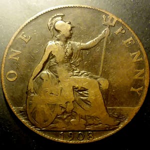 Beautiful 1908 Solid Grade Vintage Great Britain George Penny British UK king of england bronze copper cent 1.00 Ship
