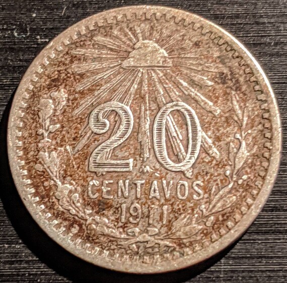 1911 Silver 20 Centavos Antique Vintage Mexico Nicer Grade Great 