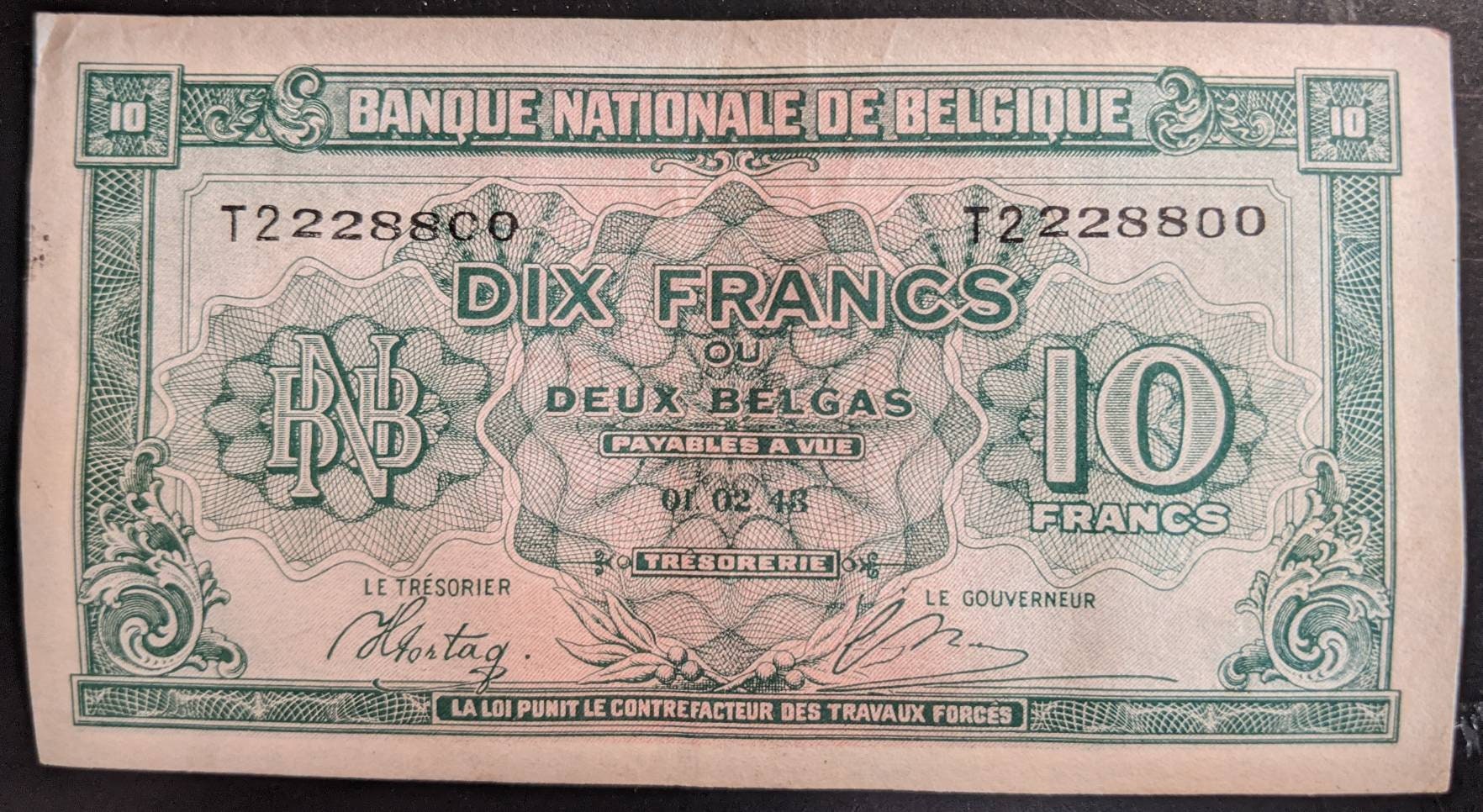 1948 Nationale Bank van Belgi Tien 10 Frank Circulated  Belgium Note Banknote Currency