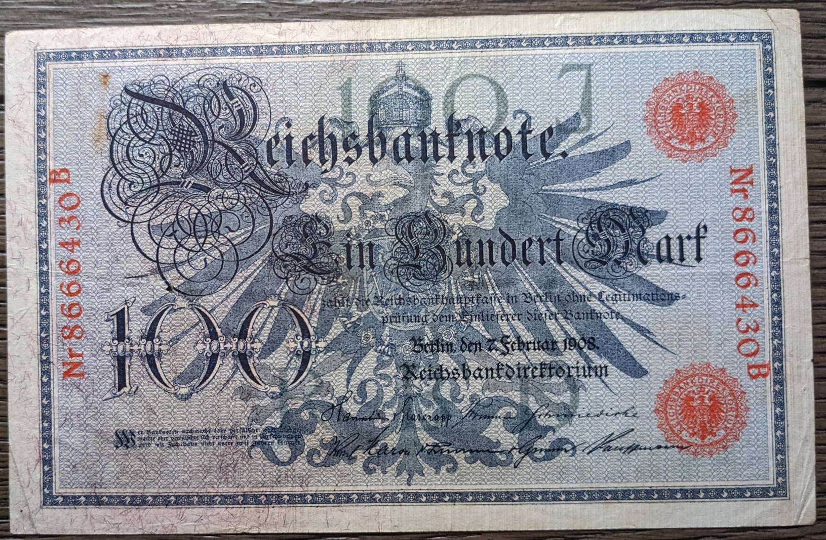 ヴィンテージ 希少 1908年 流通量少 ドイツ帝国皇帝 巨大 100 マルク
