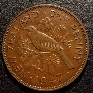1947 Vintage New Zealand King George Large Penny British UK Bronze Copper Cent Old Piece 1.00 Shipping