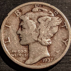 Vintage 1937 Silver Mercury Dime Ten Cent Piece Antique Authentic U.S. Coin 1.00 Shipping