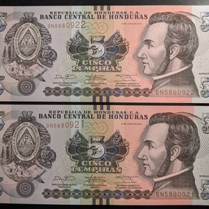 Consecutive Pair Crisp Uncirculated Banco Central De Honduras 5 Cinco Lempiras Native Central American Indian Banknotes Currency