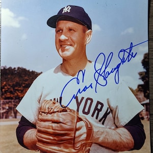 Enos Slaughter Vintage New York Yankee Great Autographed Major League Authentic 8x10 Antique baseball Signed Photo.